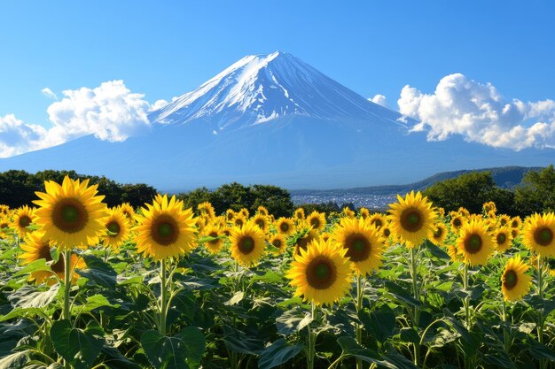 大自然の中の富士山
一面のひまわり　の花