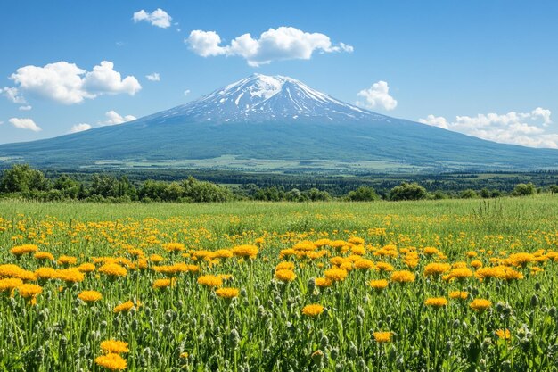 雄大な富士山とお花畑