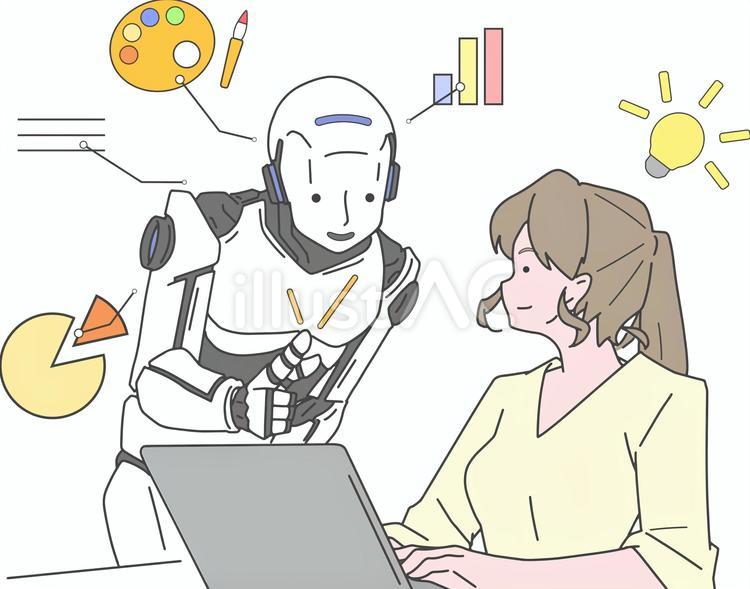 パソコンの前で、AIロボットに何事か教えてもらってる女性。